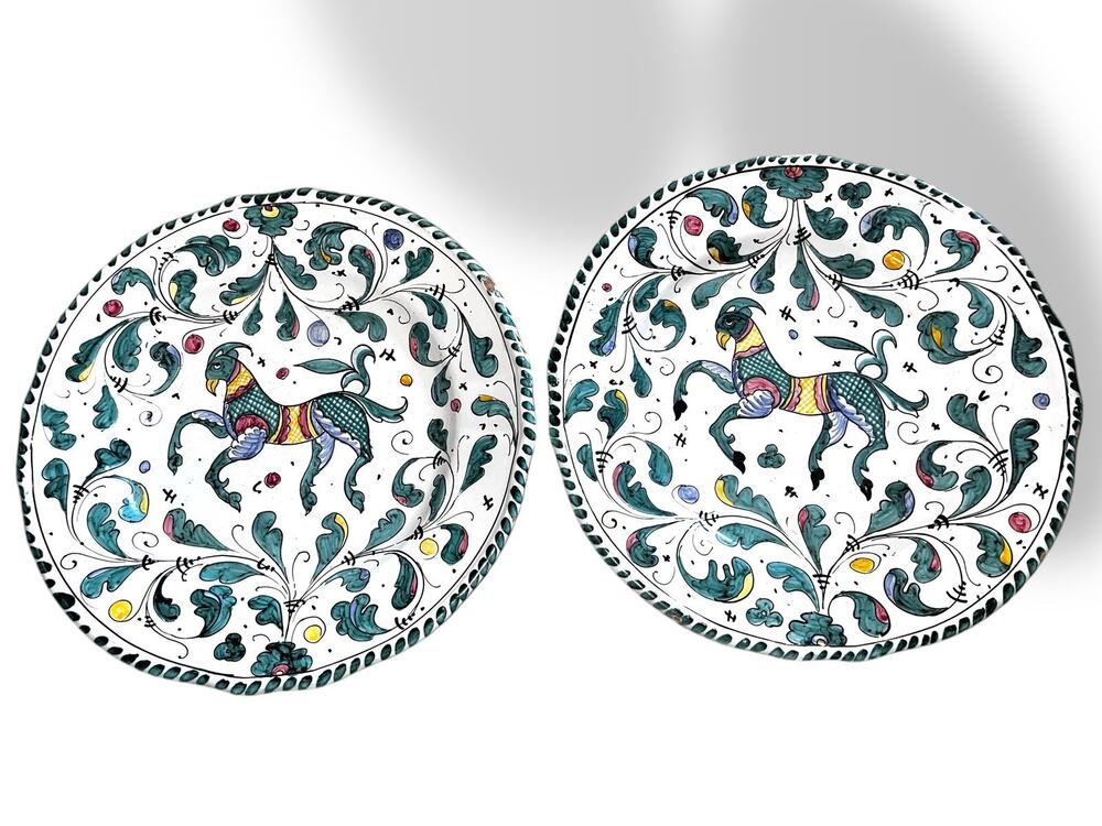 Vintage Peasant Village Italy Saucer Salad Plate Green Antelope signed 9 Inches